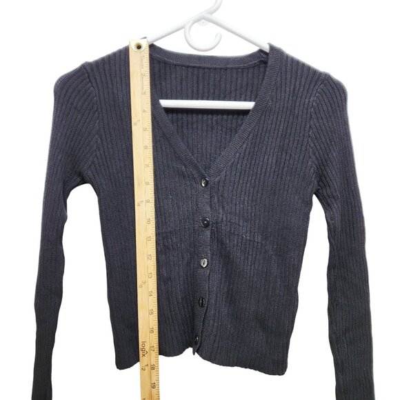 Womens Ribbed Black Cardigan Sweater V-Neck Midi Size XS - Picture 2 of 5